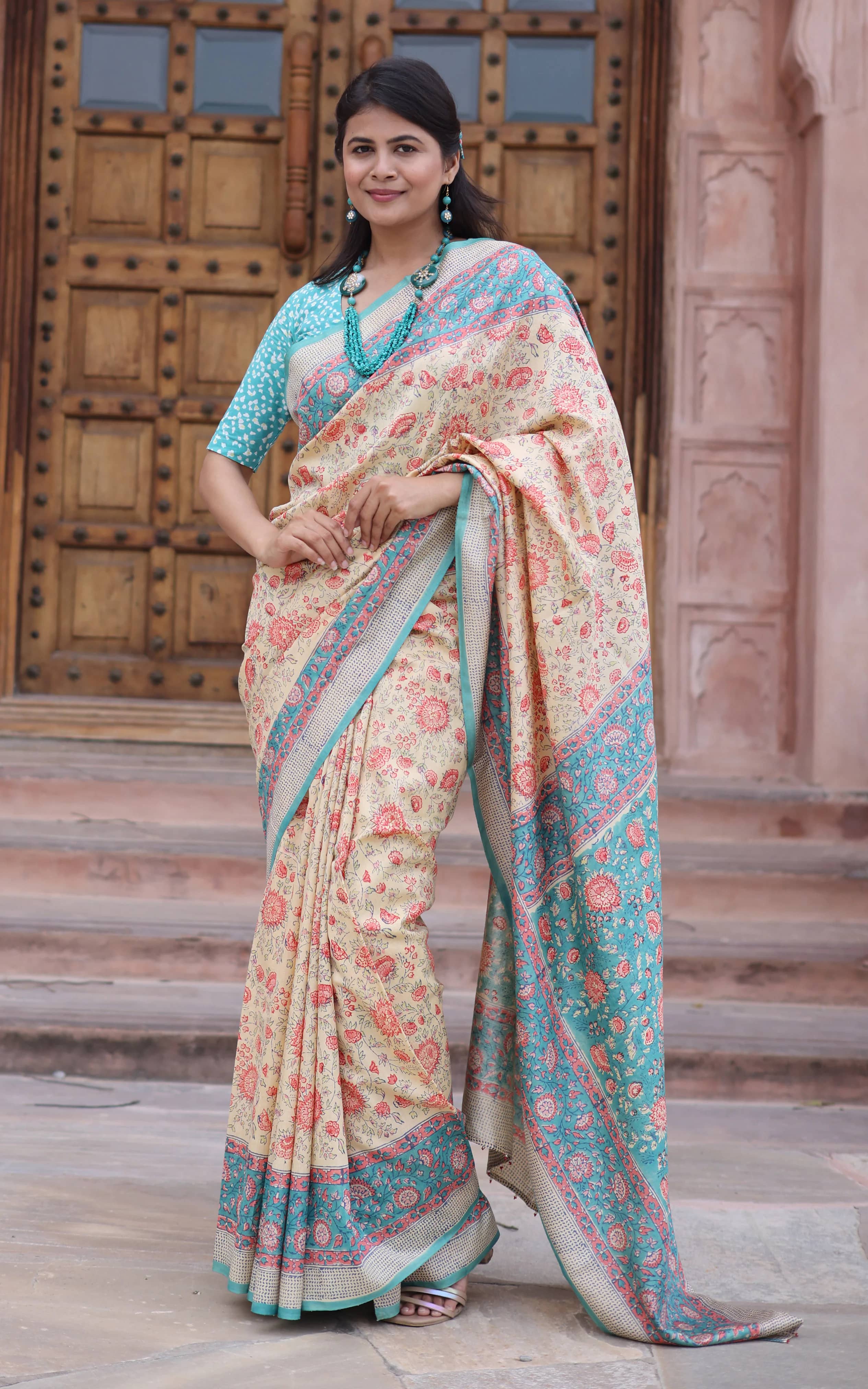 Soma Shop - Hand Block Printed Mulberry Silk Saree Emerald Green with Pink Floral
