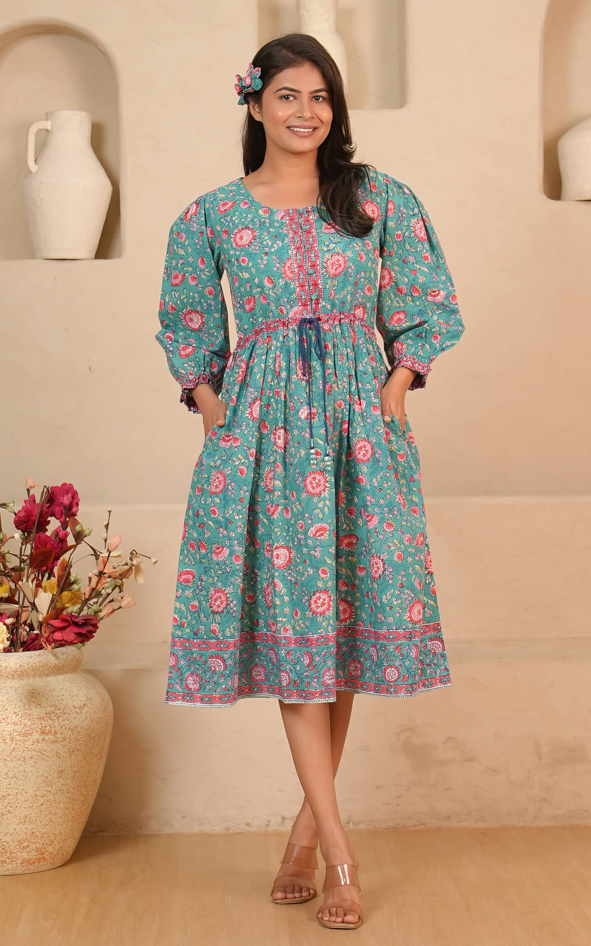 Soma Shop - Hand Block Printed Cotton Queen 7 Shalimar Dress Emerald Green with Pink Floral