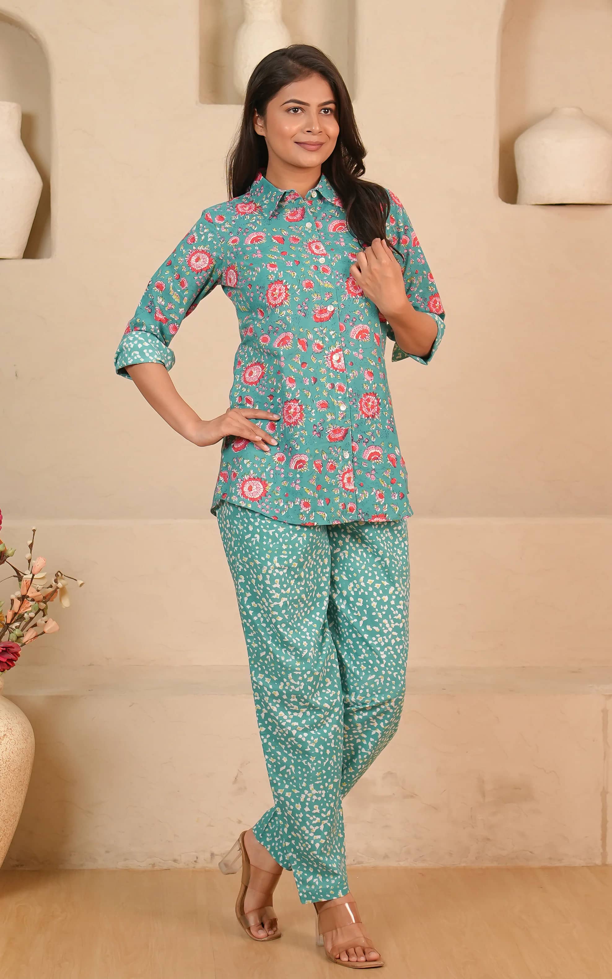 Soma Shop - Hand Block Printed Cotton Queen 5 Shirt Emerald Green with Pink Floral