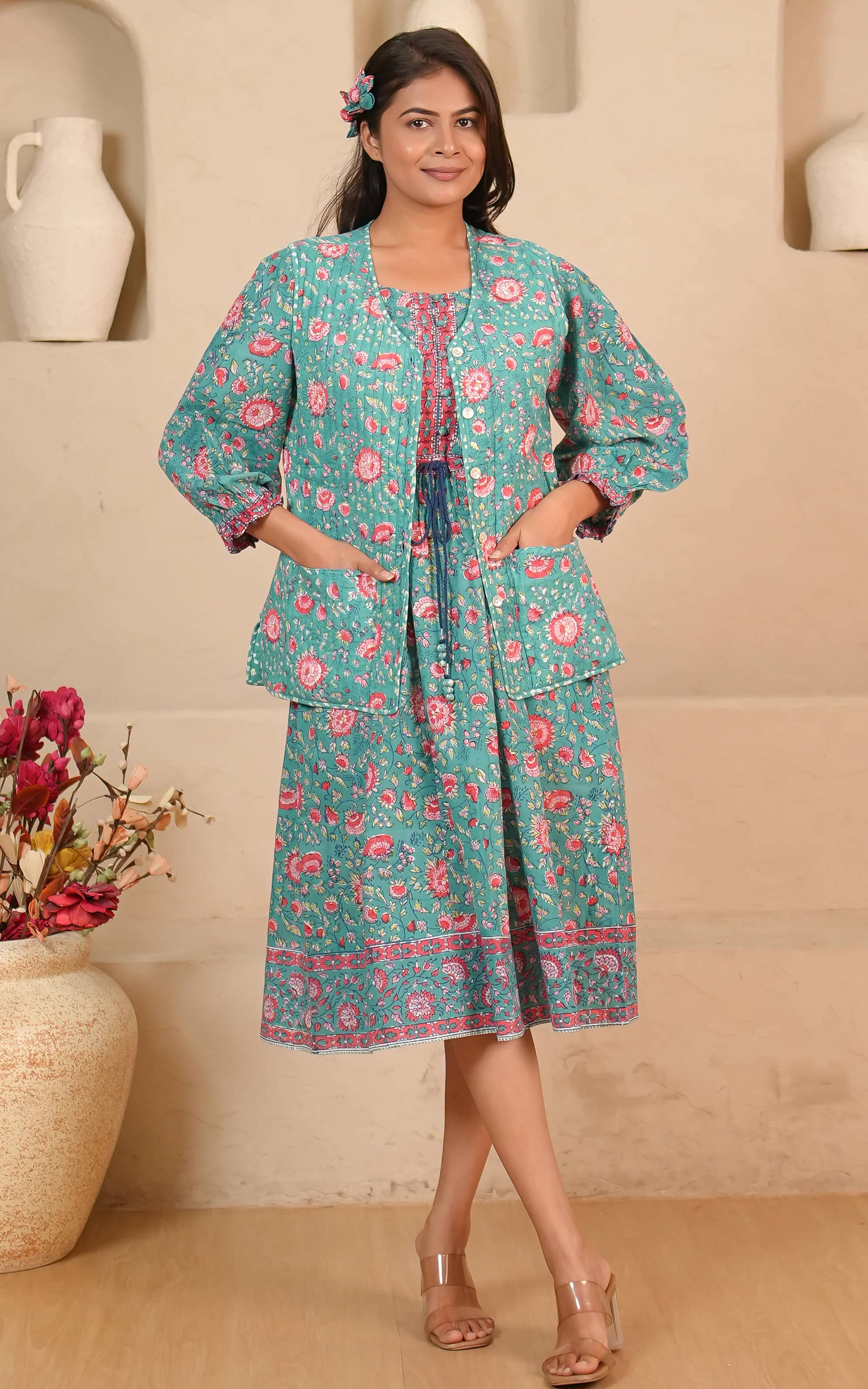 Soma Shop - Hand Block Printed Cotton Queen 9 Quilted Vest Emerald Green with Pink Floral