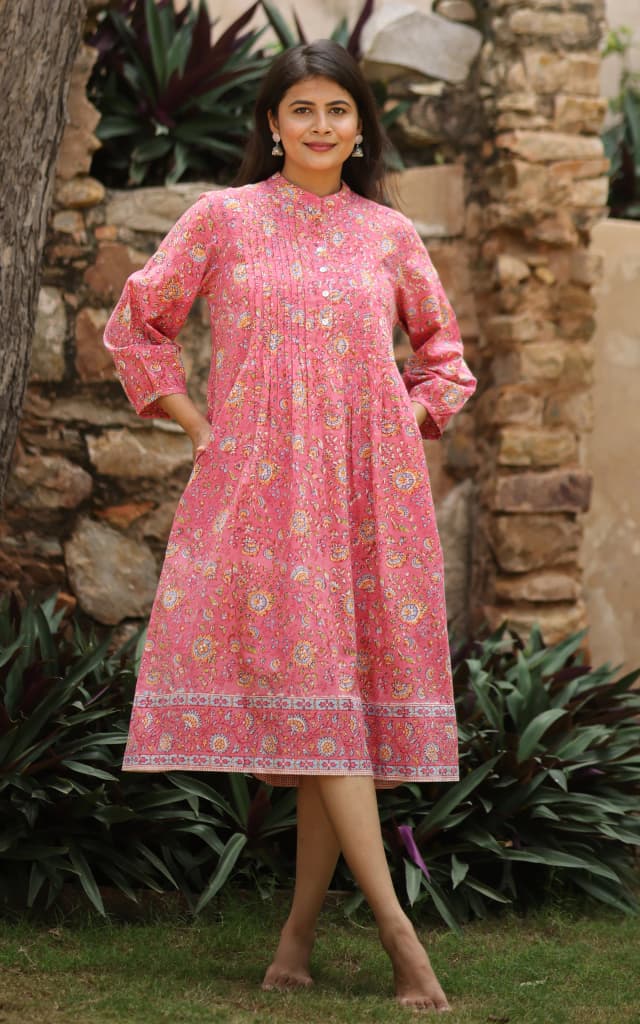Soma Shop - Hand Block Printed Cotton Queen 2 Short Dress Pink Floral