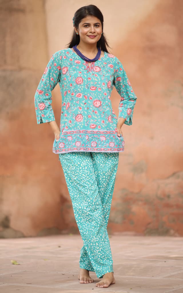 Soma Shop - Hand Block Printed Cotton Queen 12 Kurti Emerald Green with Pink Floral