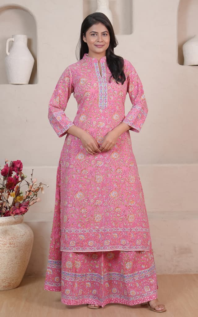 Soma Shop - Hand Block Printed Cotton Queen 13 Kurta Pink Floral