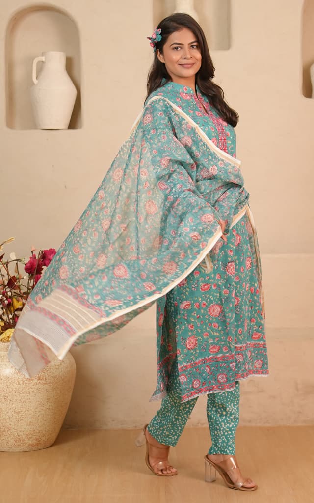 Soma Shop - Hand Block Printed Chanderi Cotton Silk Stole 50x220 cm Emerald Green with Pink Floral
