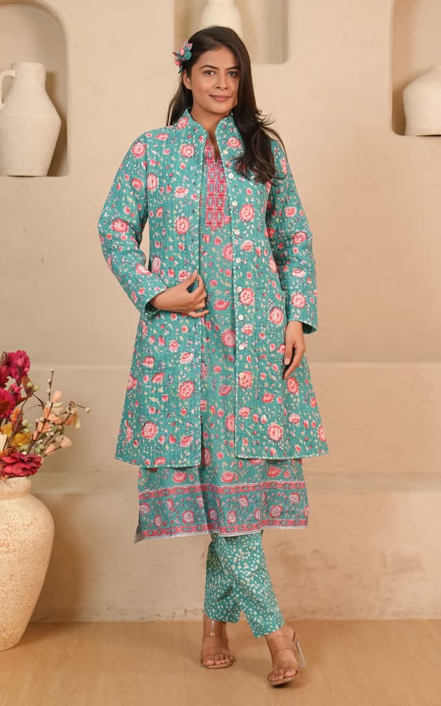 Soma Shop - Hand Block Printed Cotton Queen 11 Quilted Winter Coat Emerald Green with Pink Floral