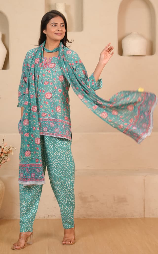 Soma Shop - Hand Block Printed Cotton Stole 110x245 cm Emerald Green with Pink Floral