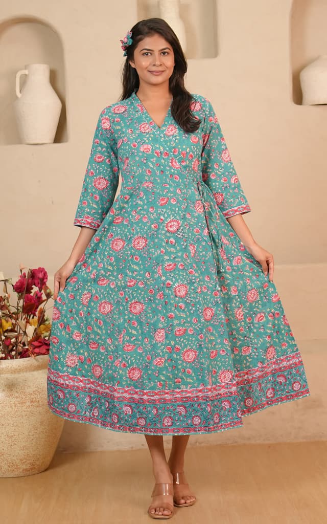 Soma Shop - Hand Block Printed Cotton Queen 6 Angrakha Dress Emerald Green with Pink Floral