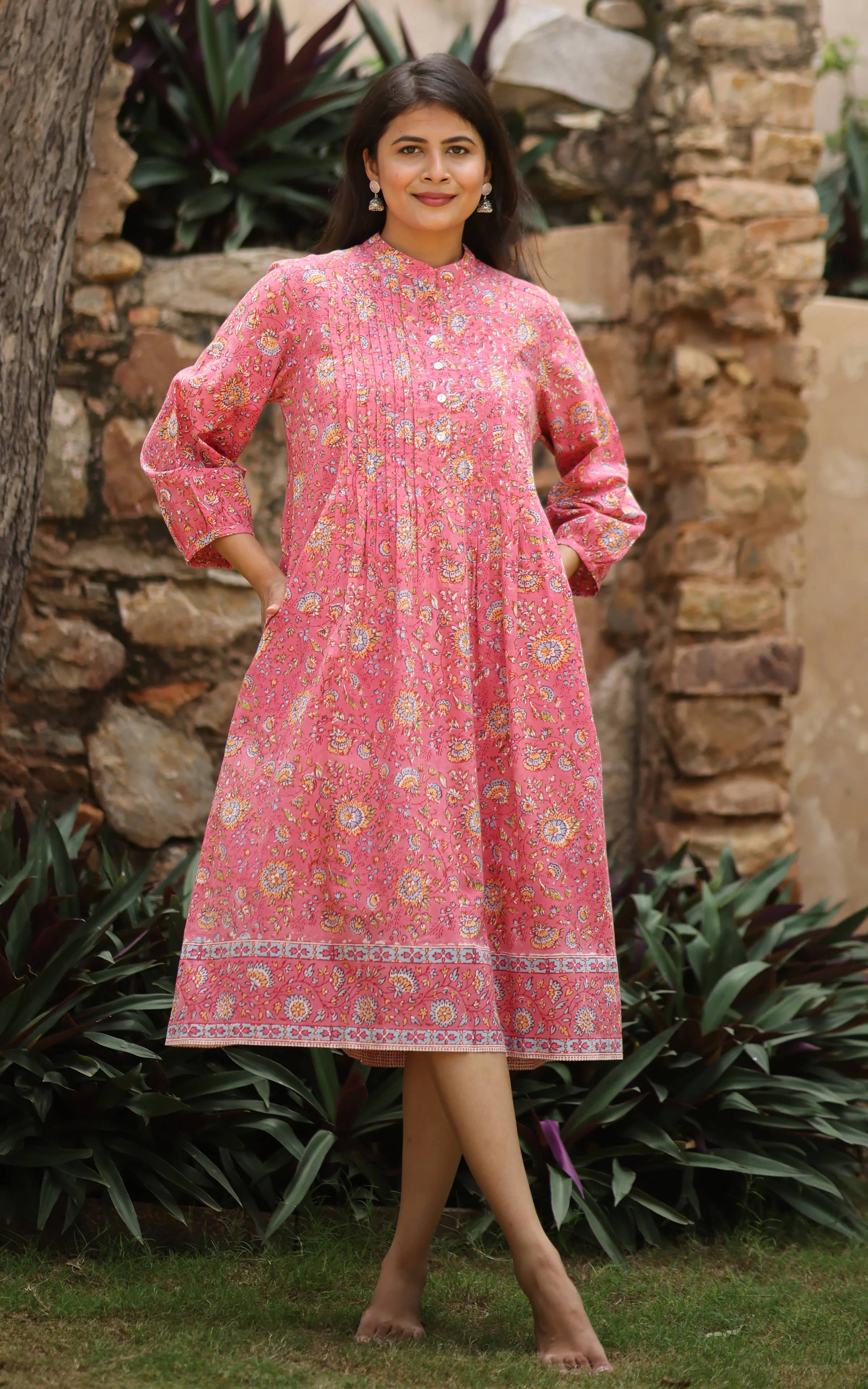 Soma Shop - Hand Block Printed Cotton Queen 2 Short Dress Pink Floral