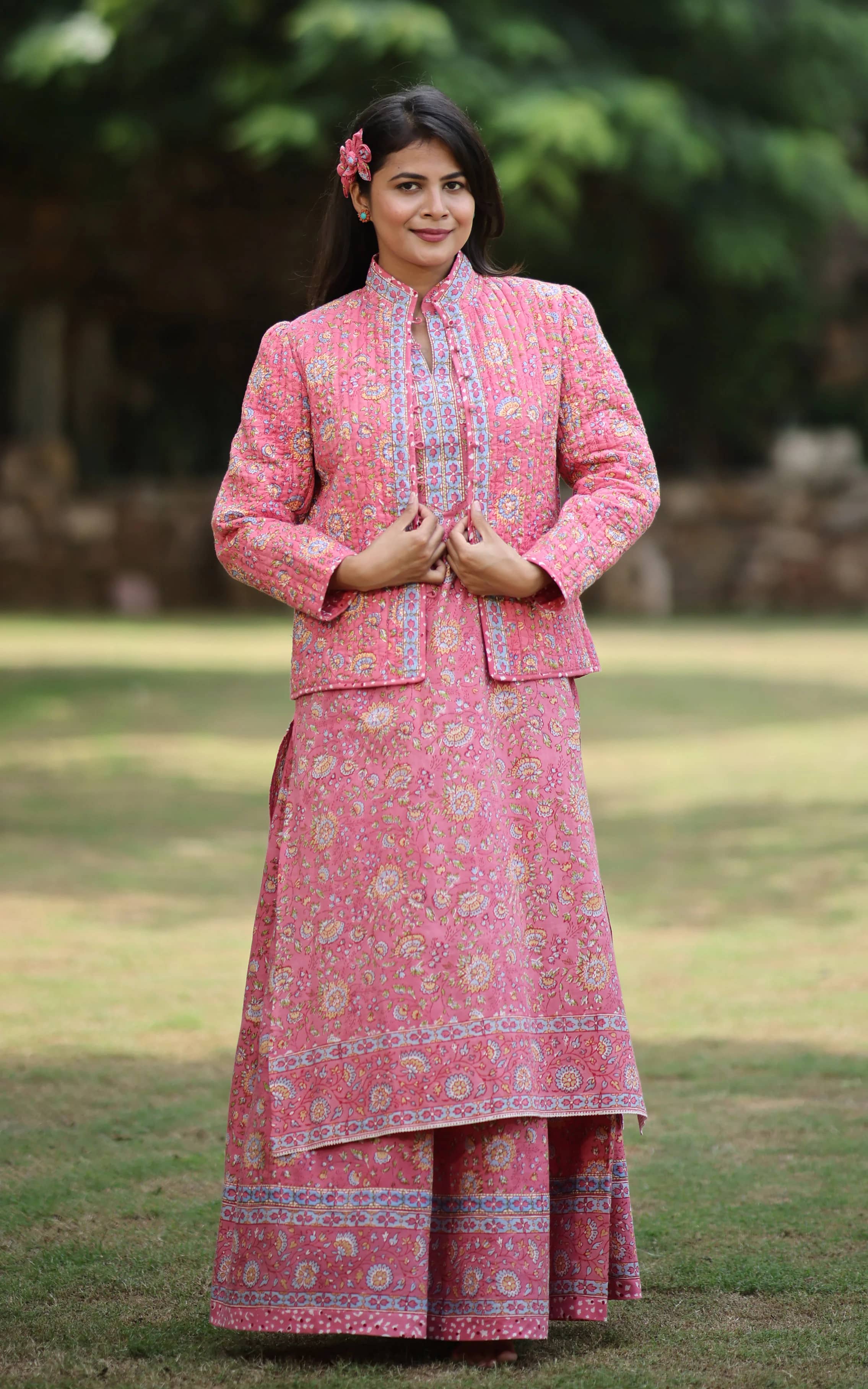 Soma Shop - Hand Block Printed Cotton Queen 10 Quilted Party Jacket Pink Floral