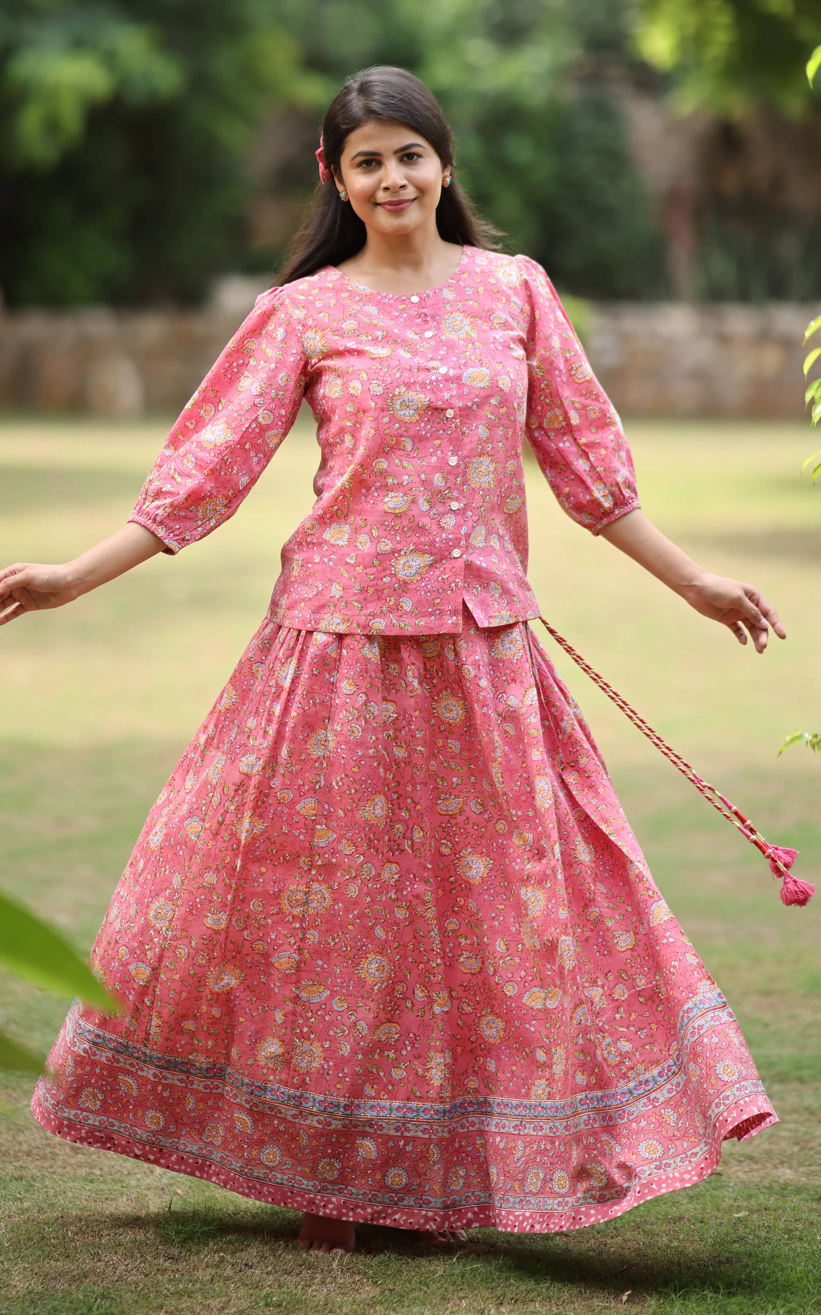 Soma Shop - Traditional Hand Block Printed Cotton Queen 4 Ghaghra Skirt Pink Floral