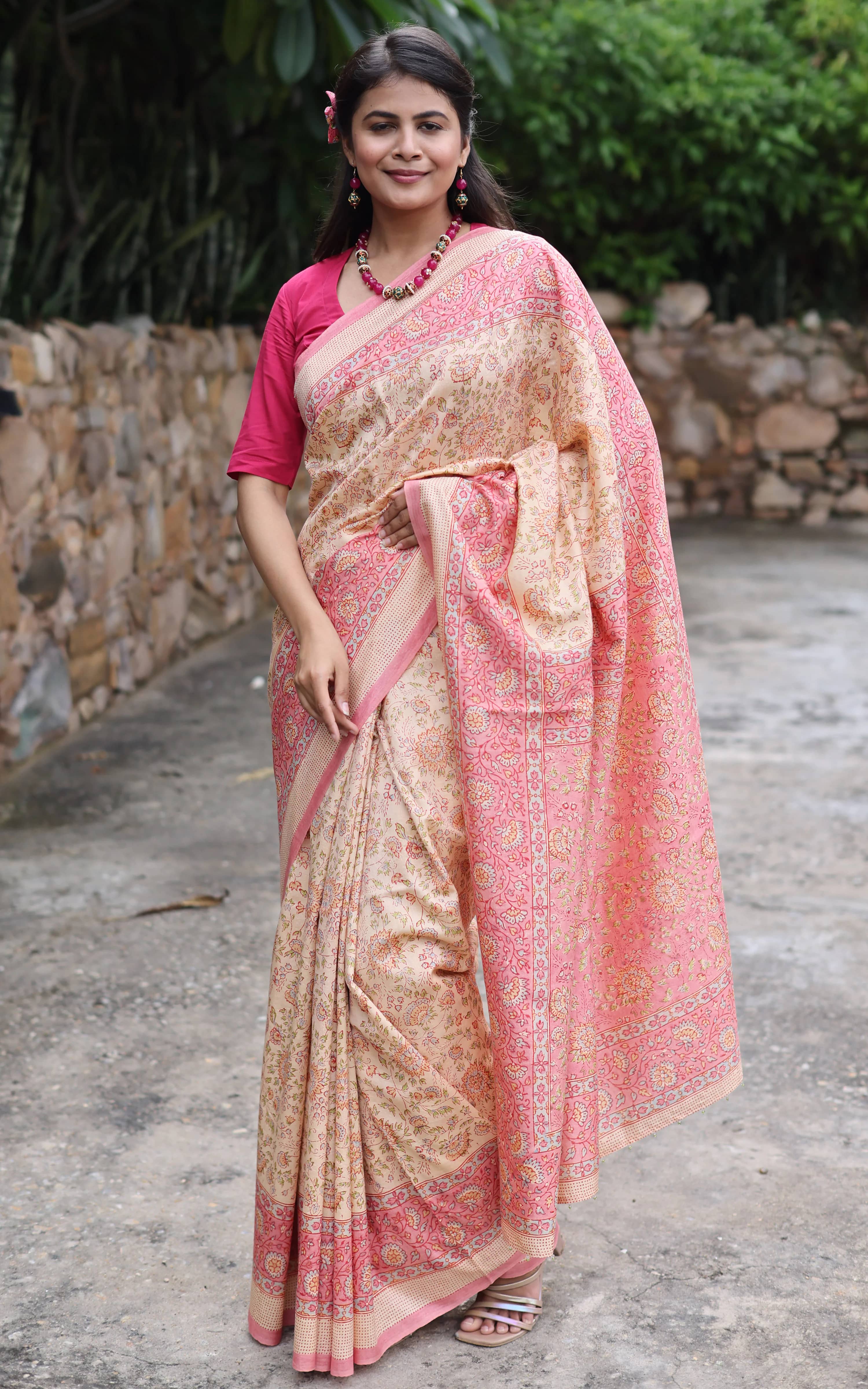 Soma Shop - Hand Block Printed Mulberry Silk Saree Pink Floral