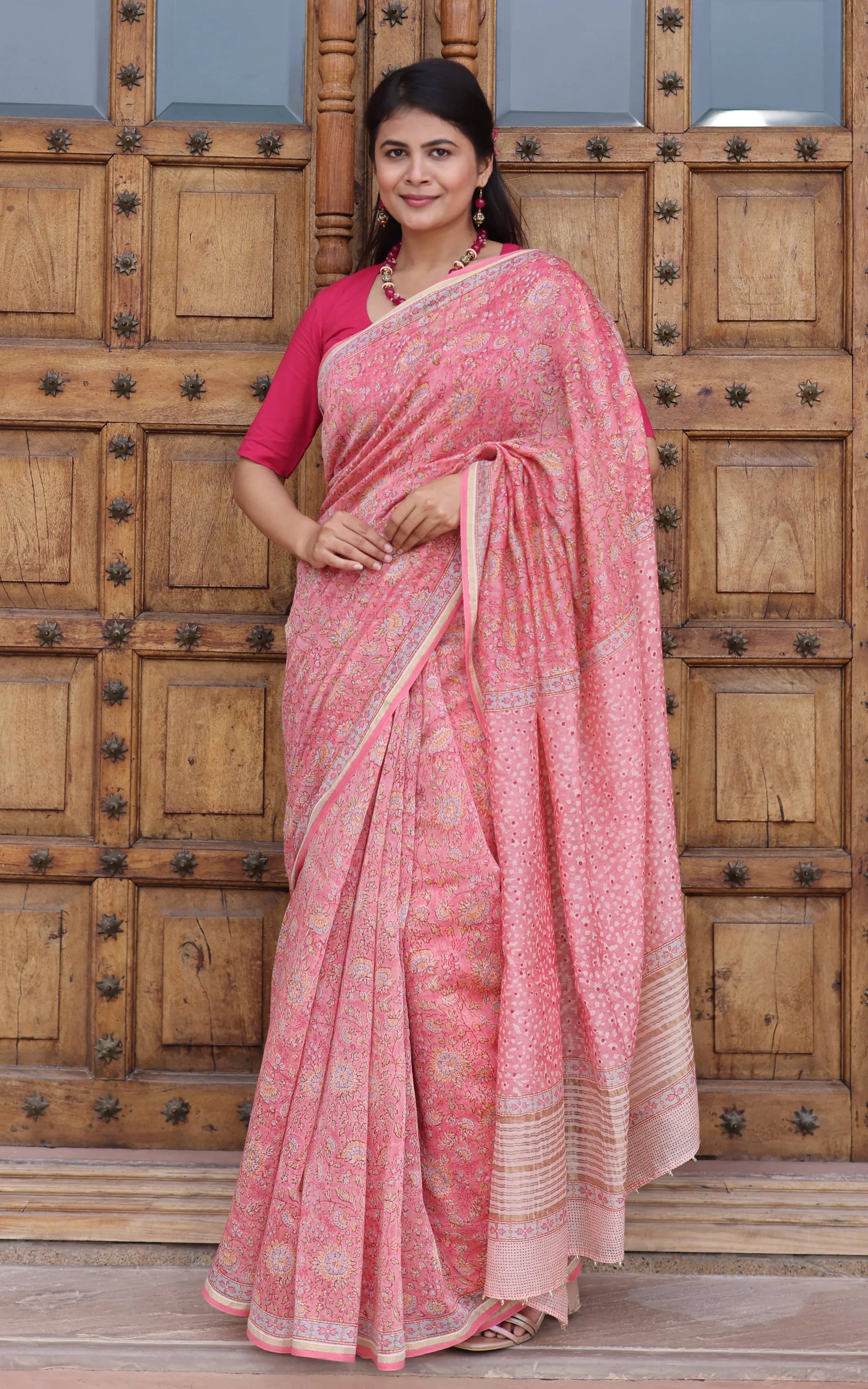 Soma Shop - Hand Block Printed Cotton Silk Saree Pink Floral