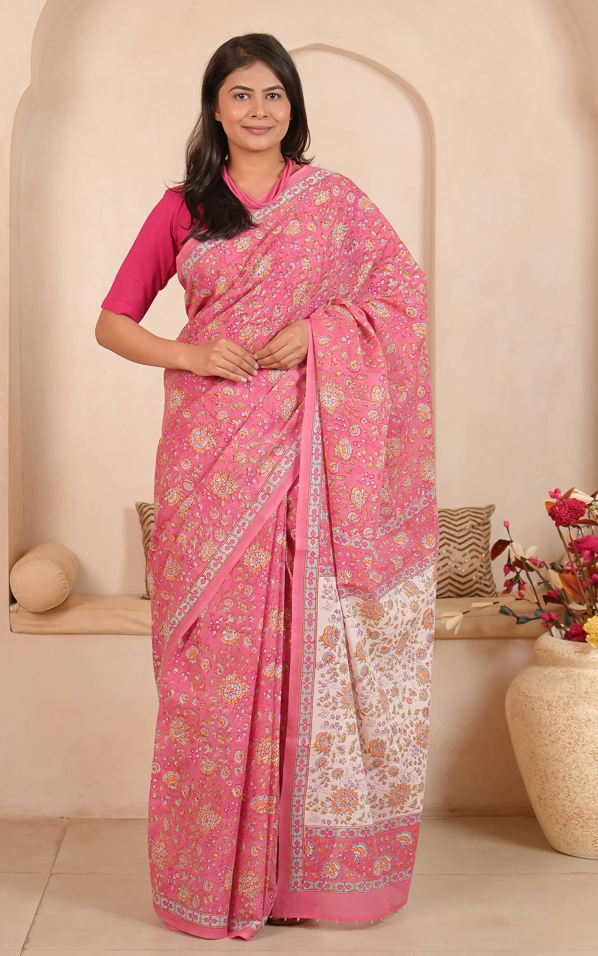 Soma Shop - Hand Block Printed Cotton Saree Pink Floral