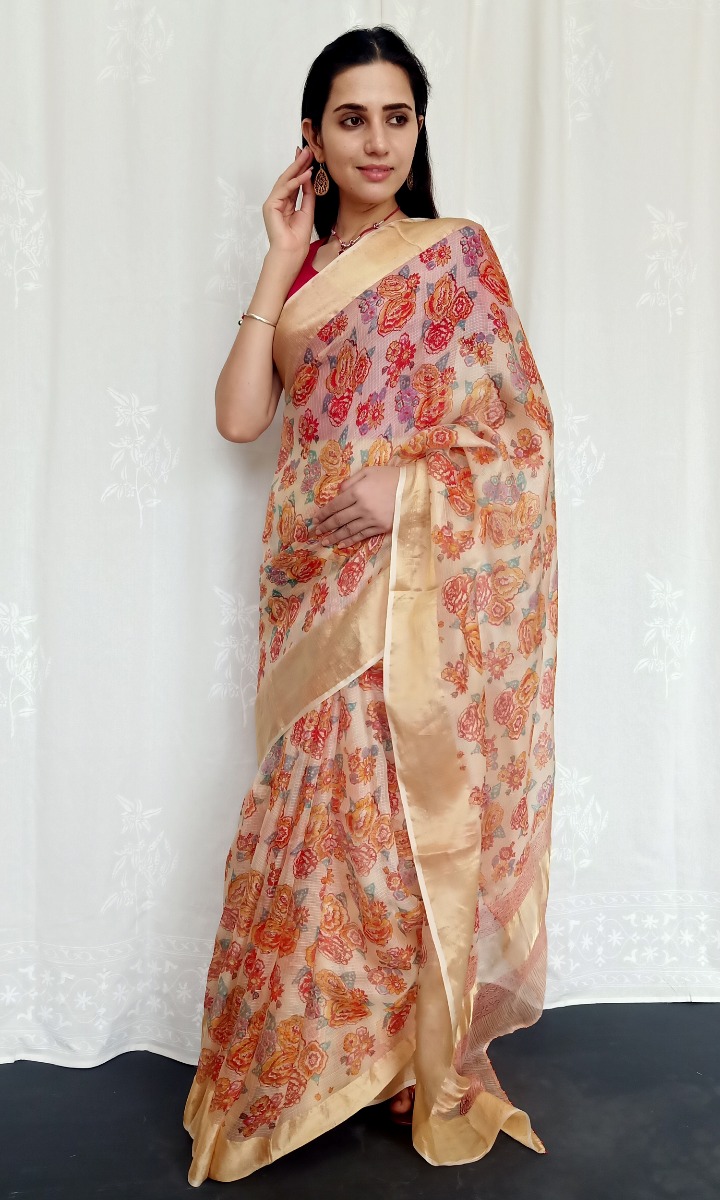 Buy Hand Block Printed Kota Doria Saree Online : Sriya Creation